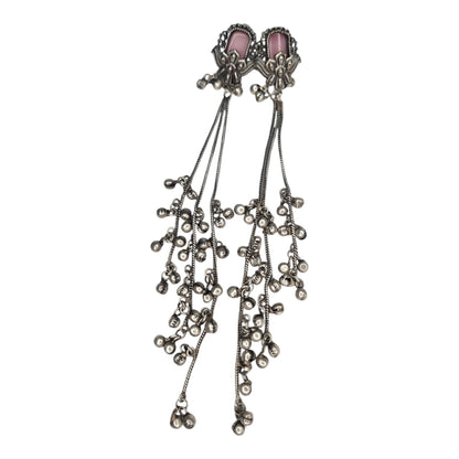 Kashmiri-Inspired Oxidized Silver Pink Stone Chain Dangler Earrings