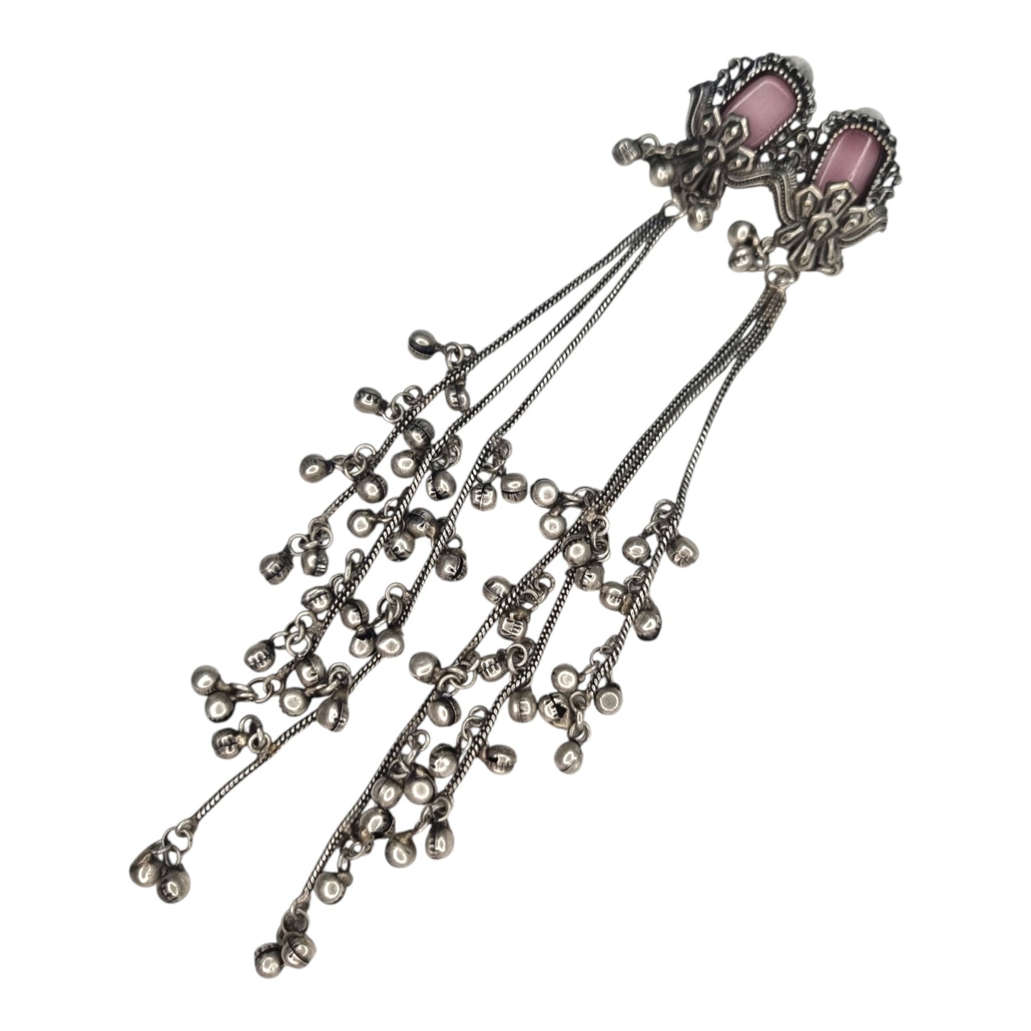 Kashmiri-Inspired Oxidized Silver Pink Stone Chain Dangler Earrings