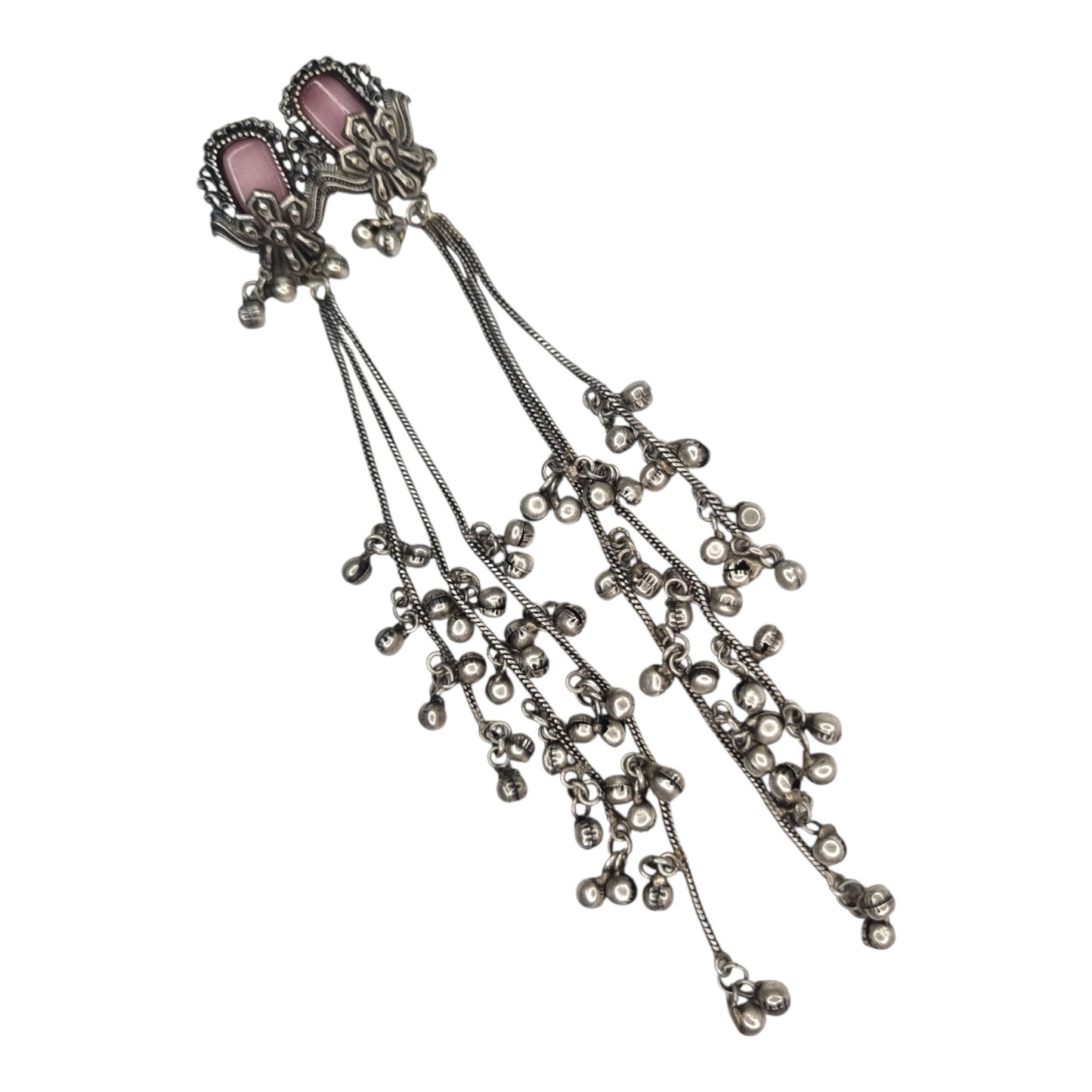 Kashmiri-Inspired Oxidized Silver Pink Stone Chain Dangler Earrings
