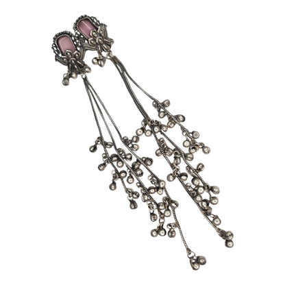 Kashmiri-Inspired Oxidized Silver Pink Stone Chain Dangler Earrings