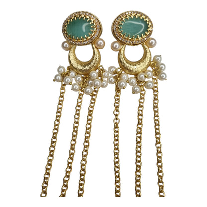 Traditional Chandbali Inspired Brass & Pearl Long Chain Earrings