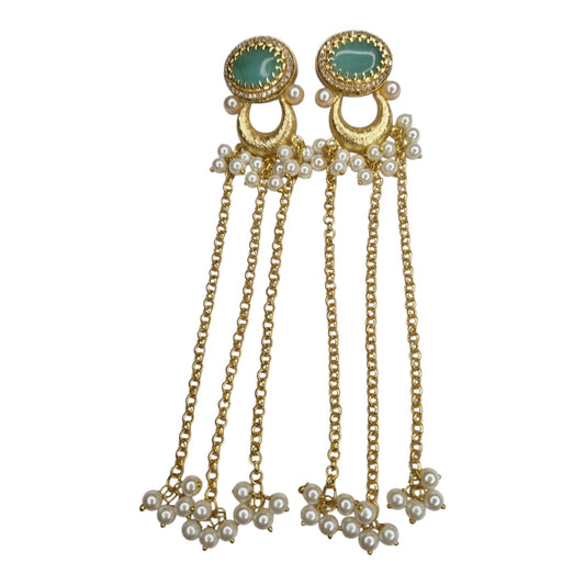 Traditional Chandbali Inspired Brass & Pearl Long Chain Earrings