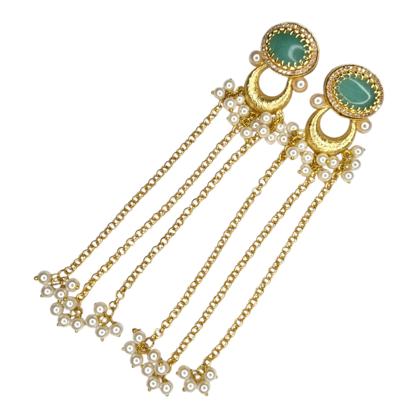 Traditional Chandbali Inspired Brass & Pearl Long Chain Earrings