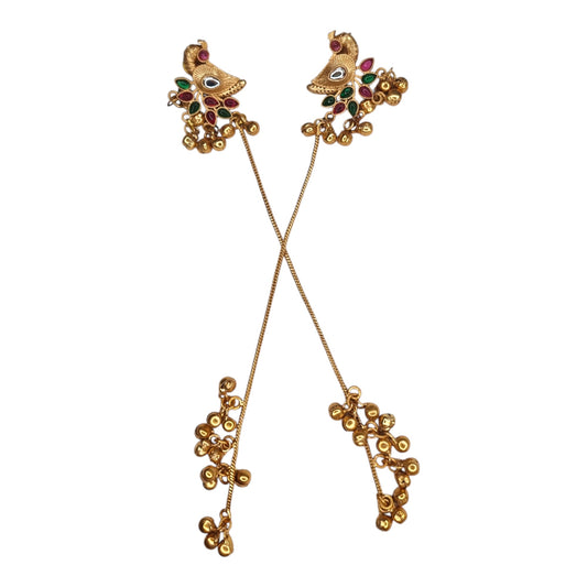 Traditional Kashmiri Dejhoor Brass Earrings with Ruby and Emerald Stones, Gold-Toned