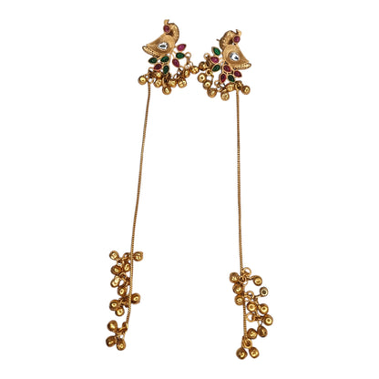 Traditional Kashmiri Dejhoor Brass Earrings with Ruby and Emerald Stones, Gold-Toned