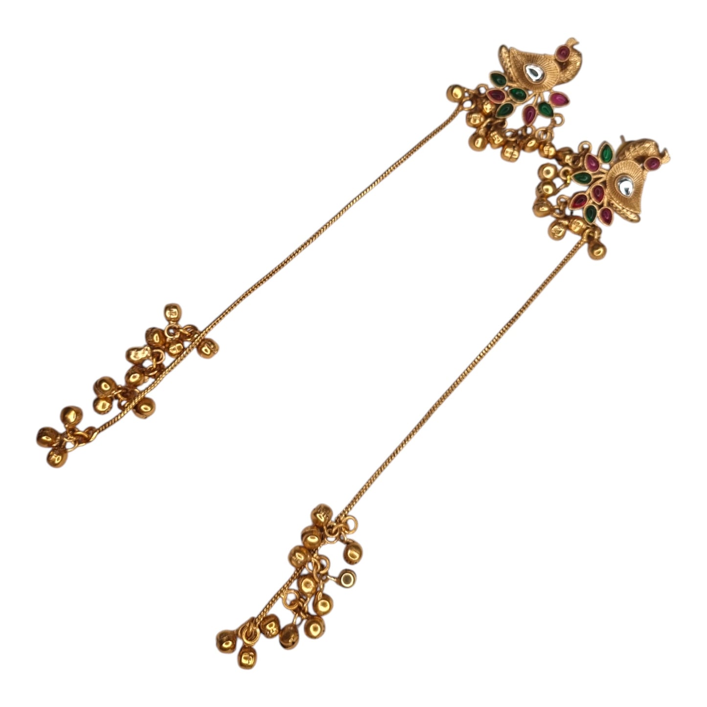 Traditional Kashmiri Dejhoor Brass Earrings with Ruby and Emerald Stones, Gold-Toned