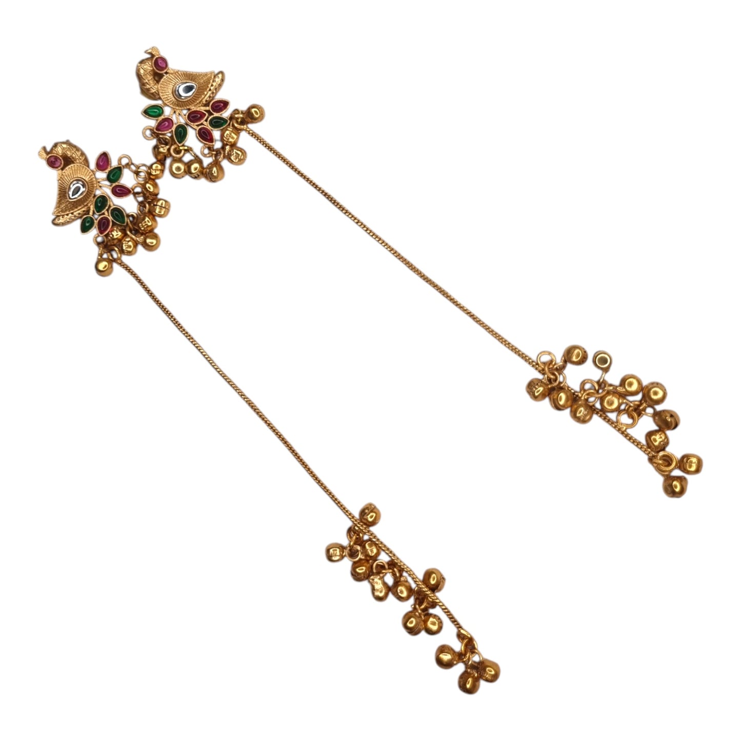 Traditional Kashmiri Dejhoor Brass Earrings with Ruby and Emerald Stones, Gold-Toned