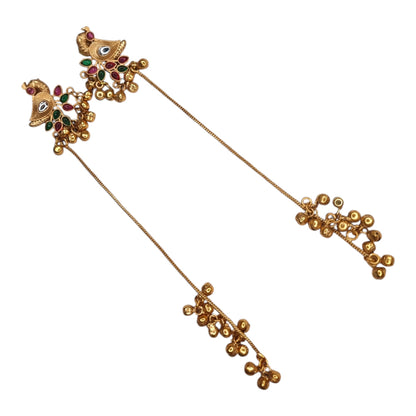 Traditional Kashmiri Dejhoor Brass Earrings with Ruby and Emerald Stones, Gold-Toned