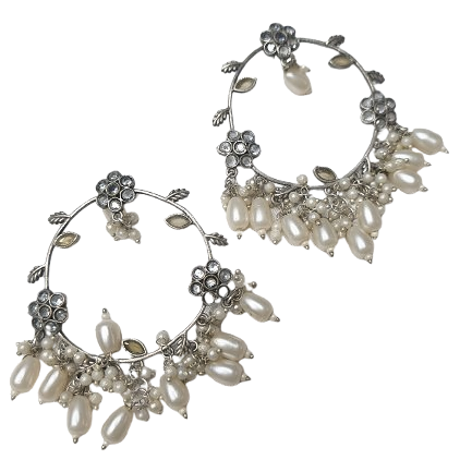 Oxidized Floral Chand Bali Earrings with Pearl Drops