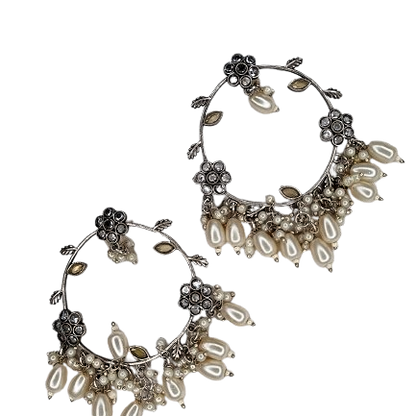 Oxidized Floral Chand Bali Earrings with Pearl Drops