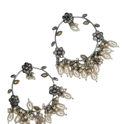 Oxidized Floral Chand Bali Earrings with Pearl Drops