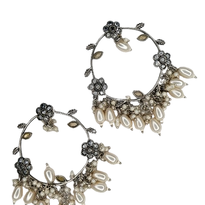 Oxidized Floral Chand Bali Earrings with Pearl Drops