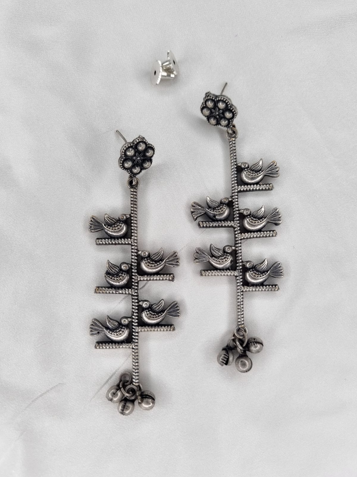 Oxidized Silver Bird Motif Dangler Earrings