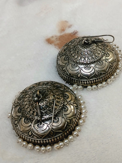 Antique Silver Dome Jhumka Earrings with Pearl Border