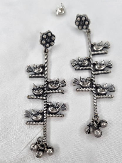 Oxidized Silver Bird Motif Dangler Earrings