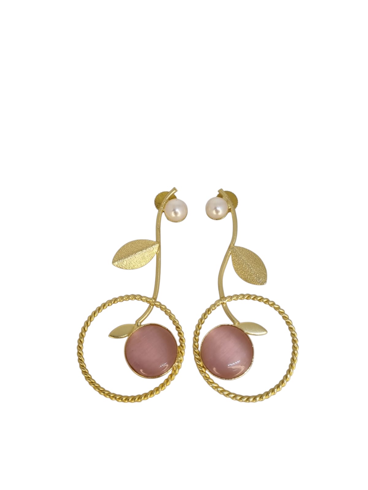 Golden Cherry Drop Earrings with Pearl Studs