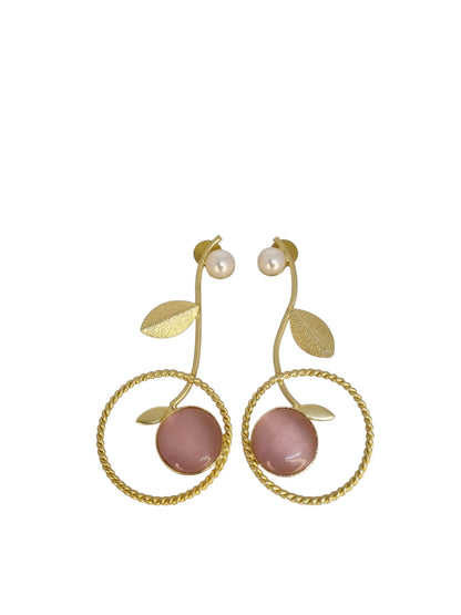 Golden Cherry Drop Earrings with Pearl Studs