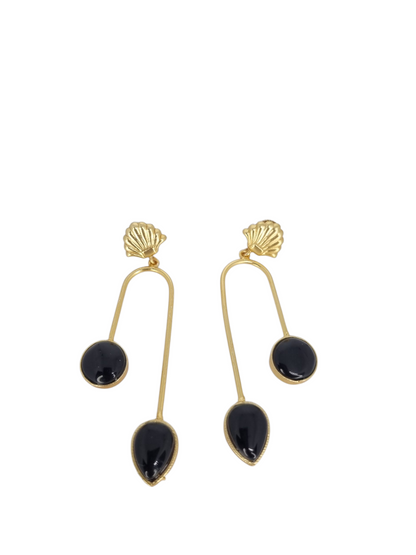 Bold Black Drop Earrings with Shell Stud – Statement Minimalist Jewellery by Sajobhi