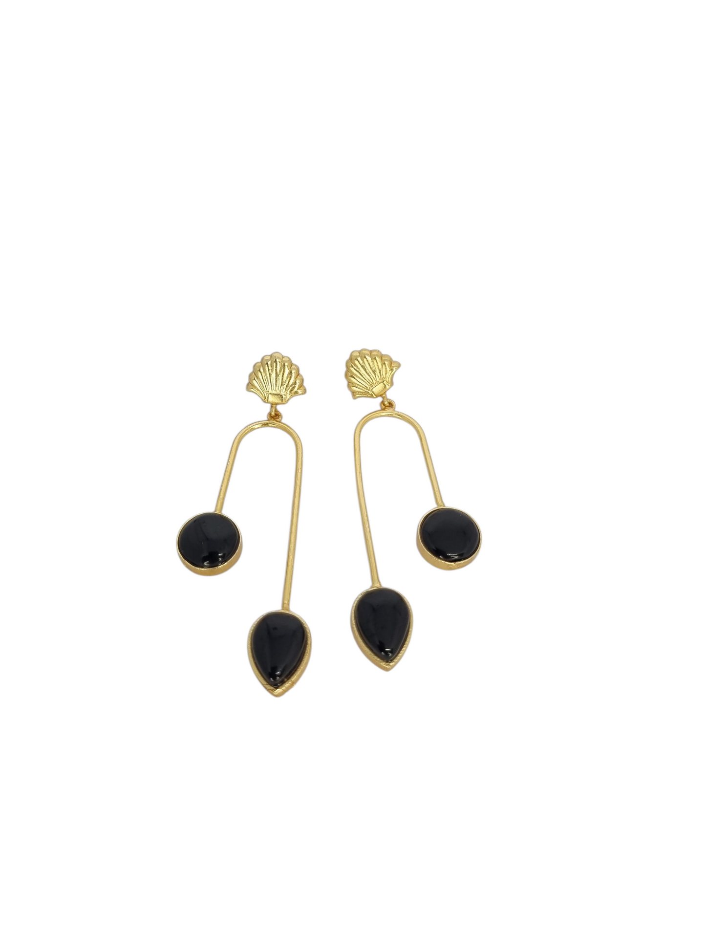 Bold Black Drop Earrings with Shell Stud – Statement Minimalist Jewellery by Sajobhi