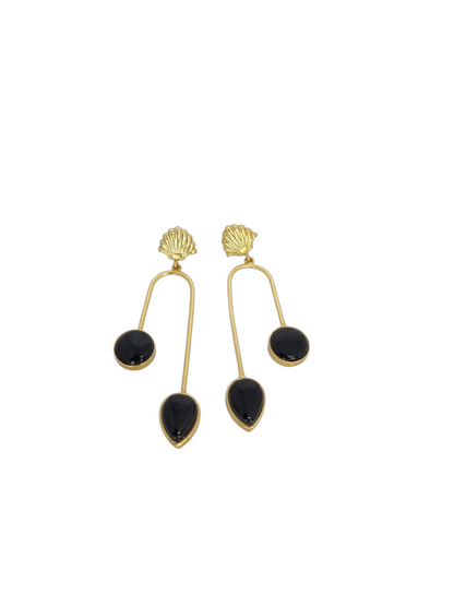 Bold Black Drop Earrings with Shell Stud – Statement Minimalist Jewellery by Sajobhi