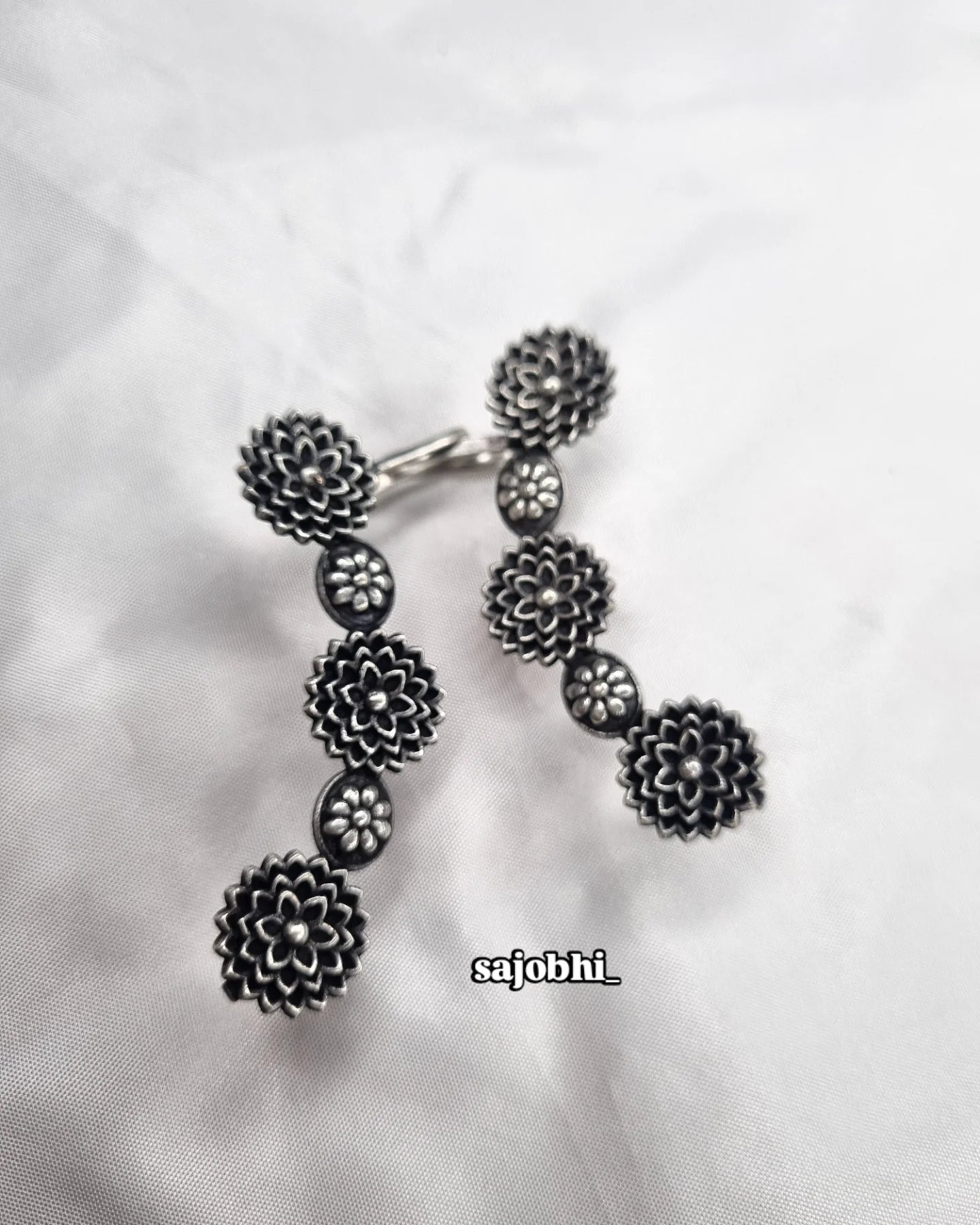 Sajobhi™ Vintage Oxidized Flower Chain Earrings | Traditional Dangler Jewellery