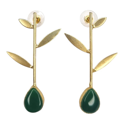 Elegant Green Stone & Gold Leaf Drop Earrings