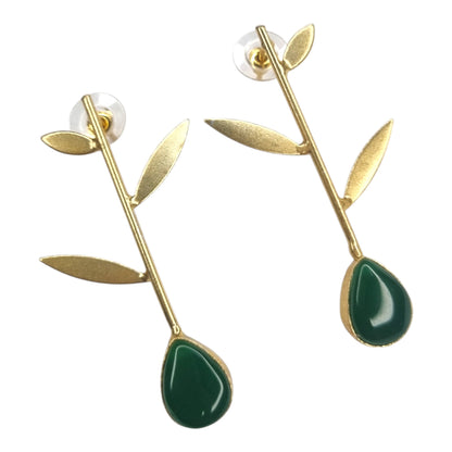 Elegant Green Stone & Gold Leaf Drop Earrings