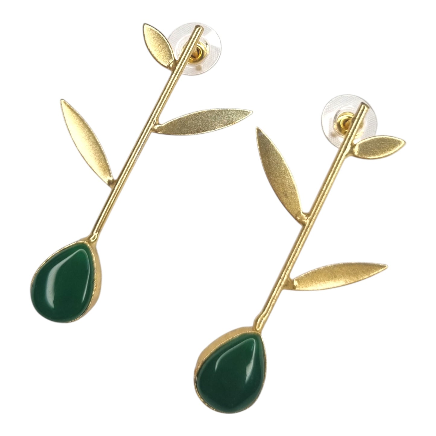 Elegant Green Stone & Gold Leaf Drop Earrings
