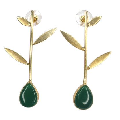 Elegant Green Stone & Gold Leaf Drop Earrings