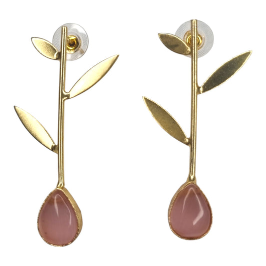 Elegant Pink Stone & Gold Leaf Drop Earrings