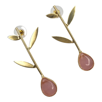 Elegant Pink Stone & Gold Leaf Drop Earrings
