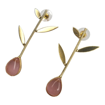 Elegant Pink Stone & Gold Leaf Drop Earrings