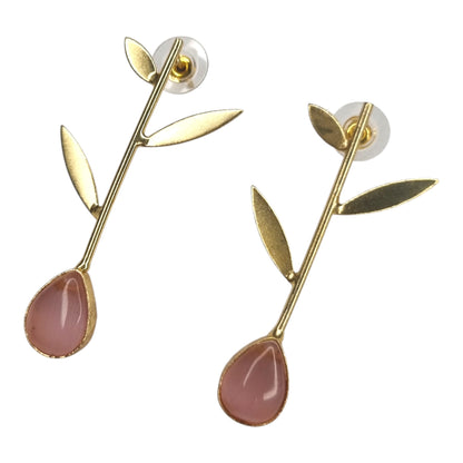 Elegant Pink Stone & Gold Leaf Drop Earrings