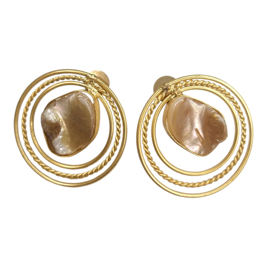 Golden Hoop & Mother-of-Pearl Drop Earrings | Textured Circle Statement Earrings
