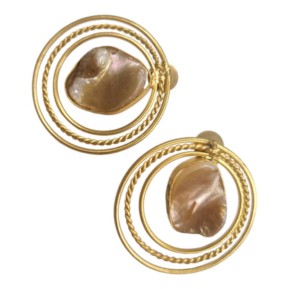 Golden Hoop & Mother-of-Pearl Drop Earrings | Textured Circle Statement Earrings