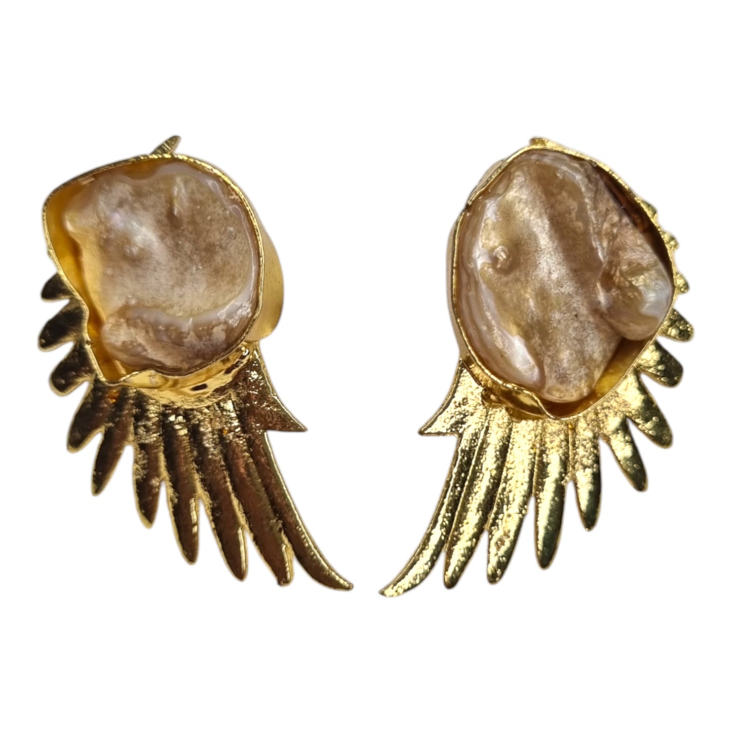 Golden Wing & Iridescent Pearl Statement Earrings | Unique Angel Wing Design
