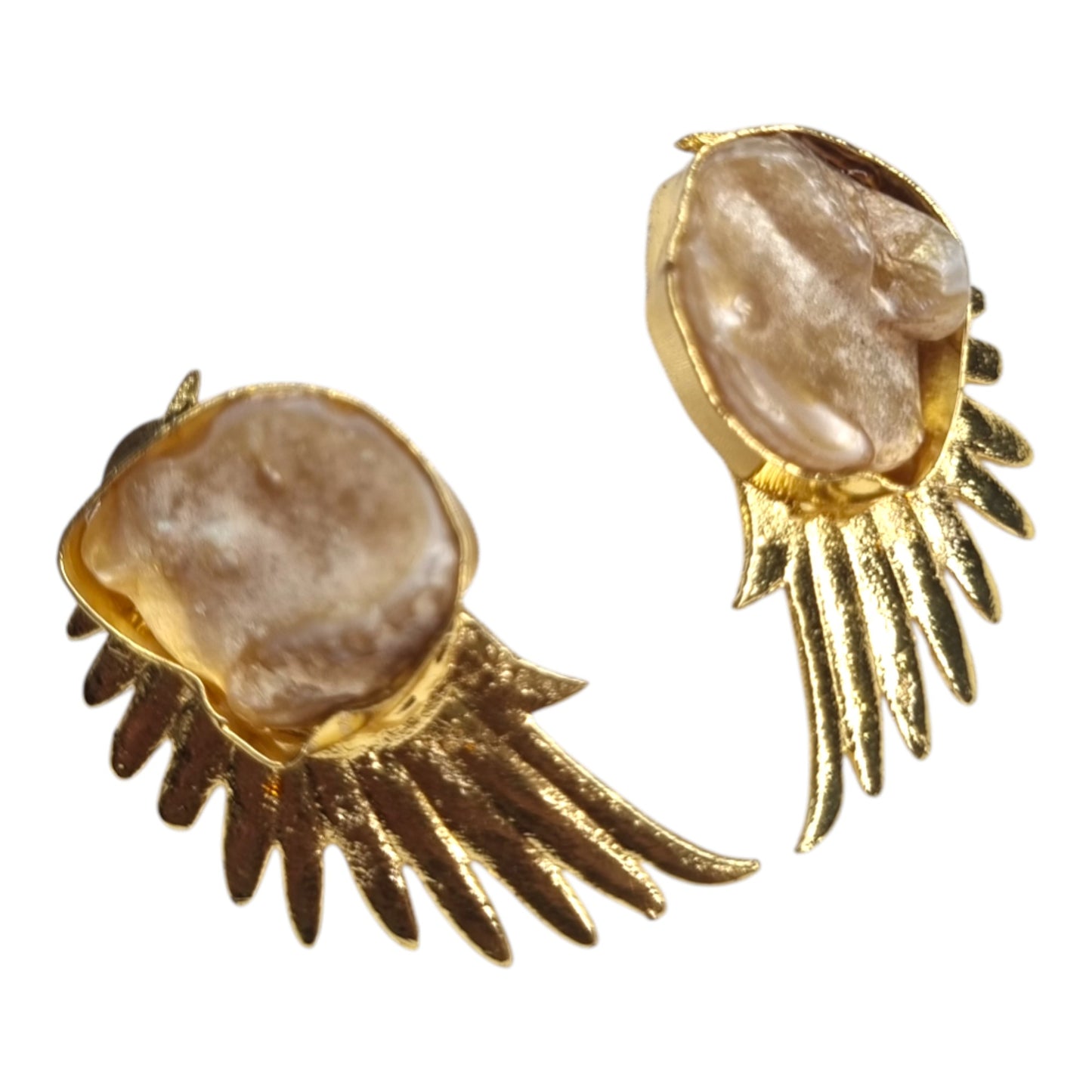 Golden Wing & Iridescent Pearl Statement Earrings | Unique Angel Wing Design