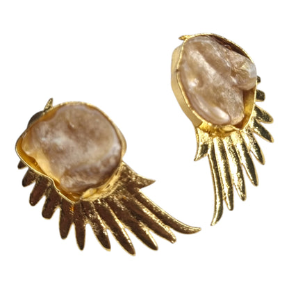 Golden Wing & Iridescent Pearl Statement Earrings | Unique Angel Wing Design