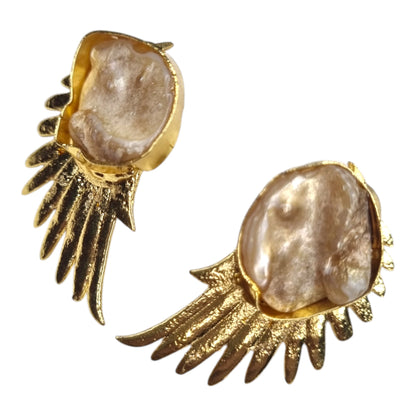 Golden Wing & Iridescent Pearl Statement Earrings | Unique Angel Wing Design