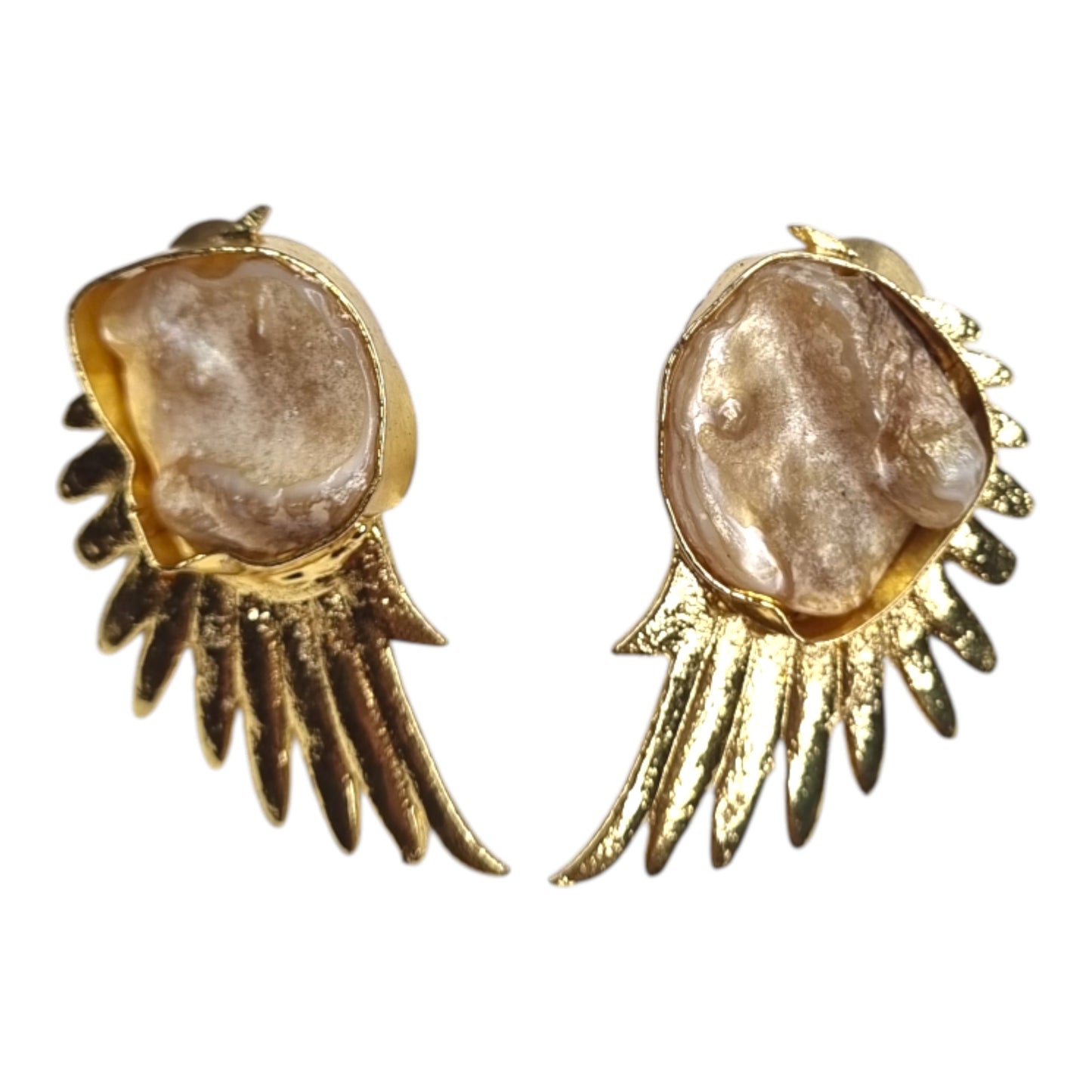 Golden Wing & Iridescent Pearl Statement Earrings | Unique Angel Wing Design