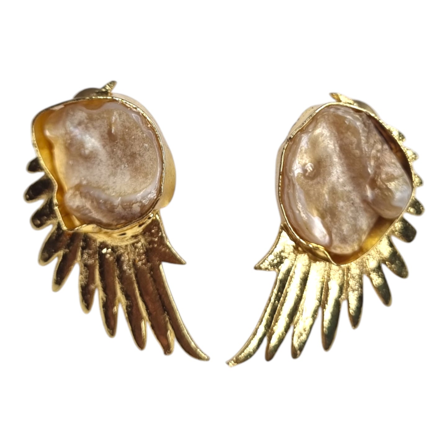 Golden Wing & Iridescent Pearl Statement Earrings | Unique Angel Wing Design