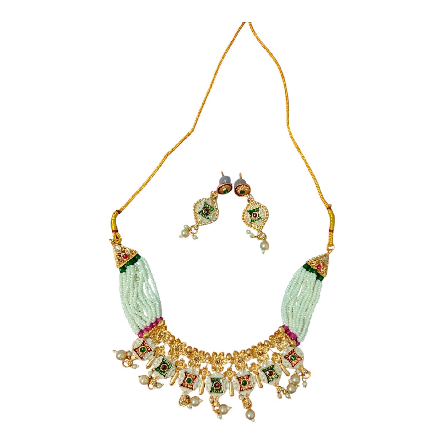 Kundan Beaded Green & White Pearl Necklace Set with Earrings