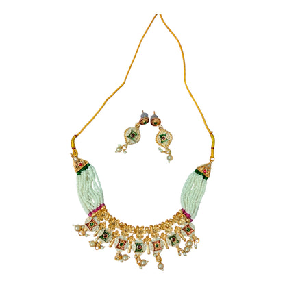 Kundan Beaded Green & White Pearl Necklace Set with Earrings