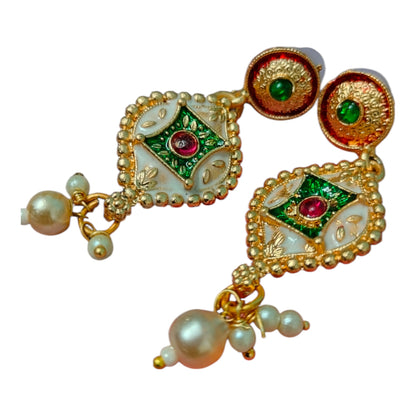 Kundan Beaded Green & White Pearl Necklace Set with Earrings