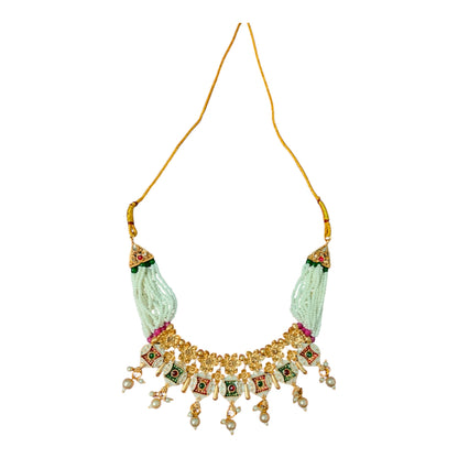 Kundan Beaded Green & White Pearl Necklace Set with Earrings