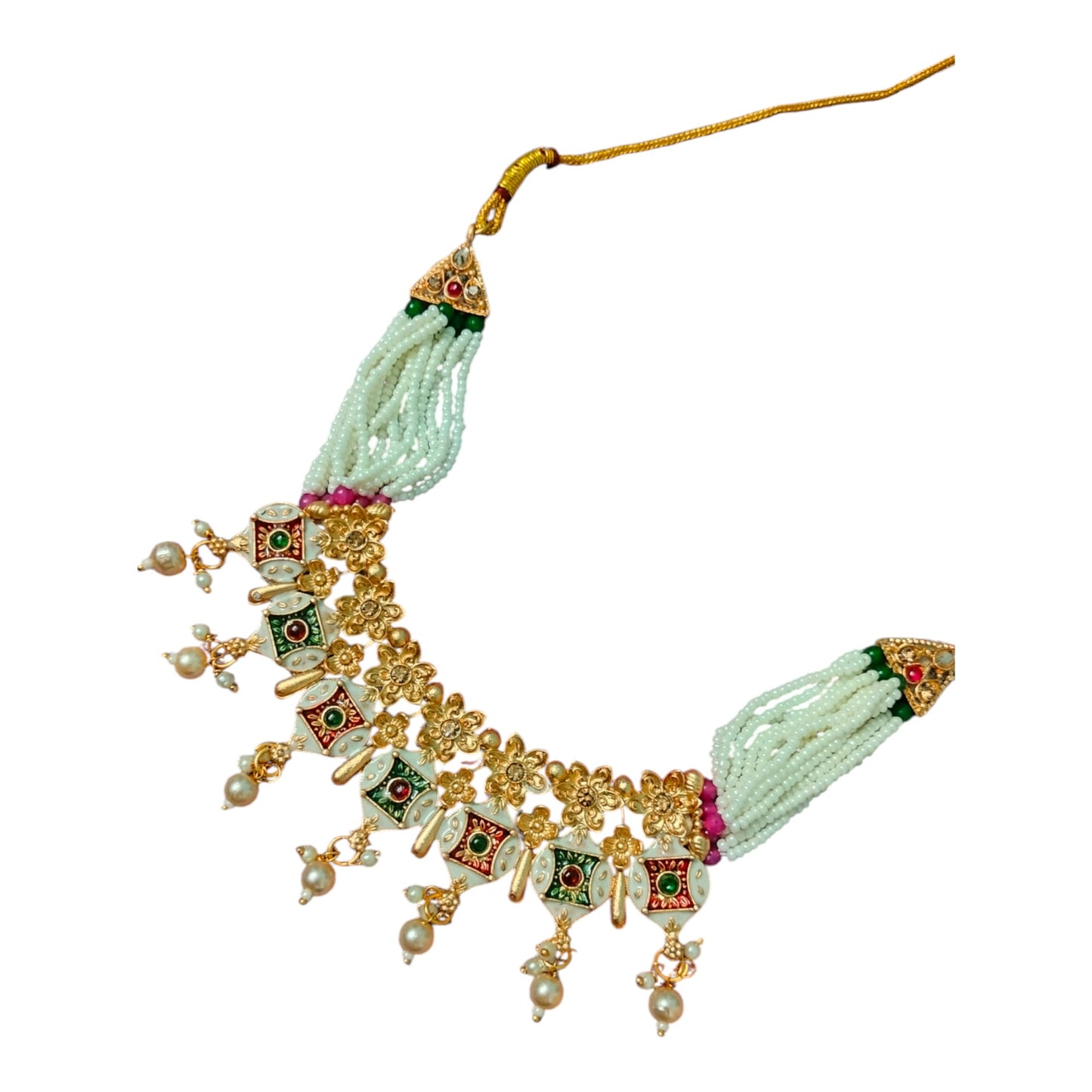 Kundan Beaded Green & White Pearl Necklace Set with Earrings