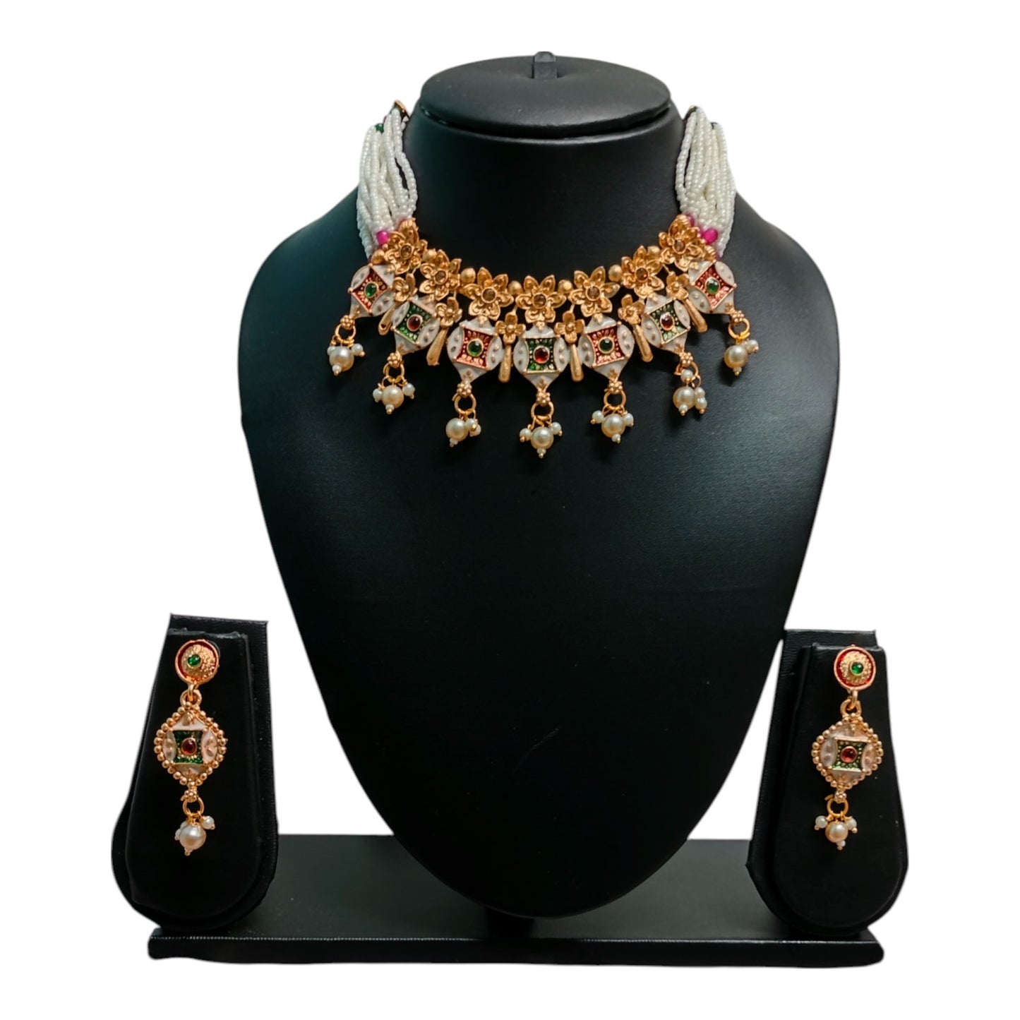 Kundan Beaded Green & White Pearl Necklace Set with Earrings