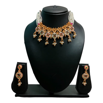 Kundan Beaded Green & White Pearl Necklace Set with Earrings