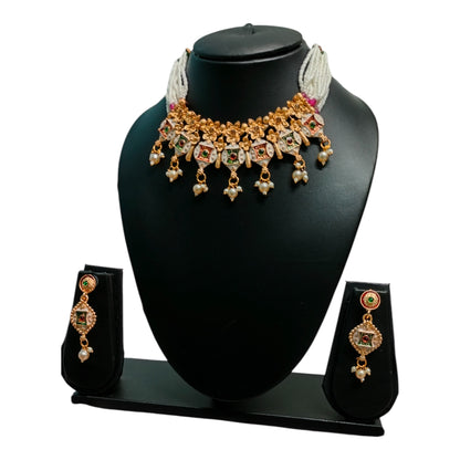 Kundan Beaded Green & White Pearl Necklace Set with Earrings