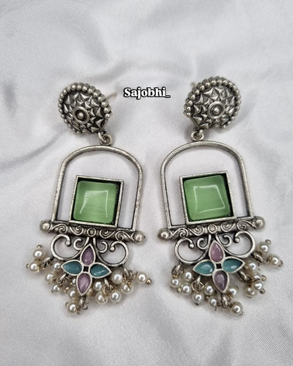 Vintage Green Square Stone Oxidised Earrings with Pearls – Sajobhi